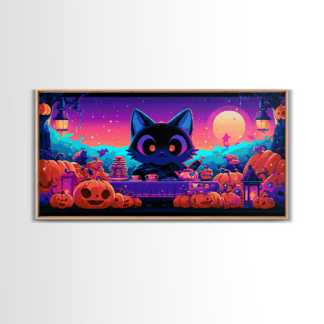 The Pumpkin Tea Party, 80s Halloween Wall Art, Wide Panoramic Art, Canvas Print, Retro Halloween Decor, Neon Wall Art