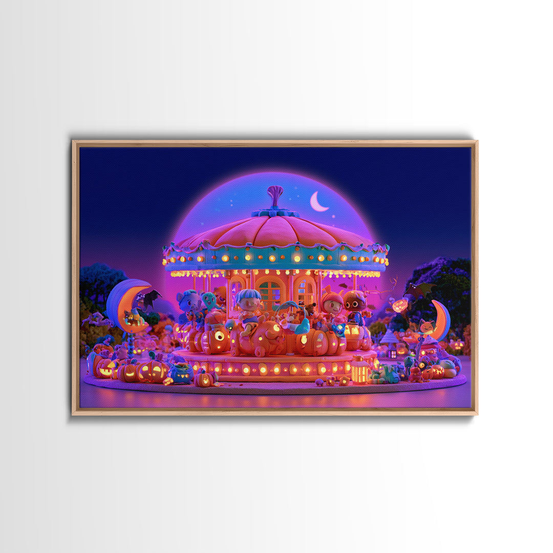 The Pumpkin Carousel, Retro Neon Halloween Art, Landscape Wall Art, Framed Canvas Print, Retro Halloween Decor, Neon Wall Art