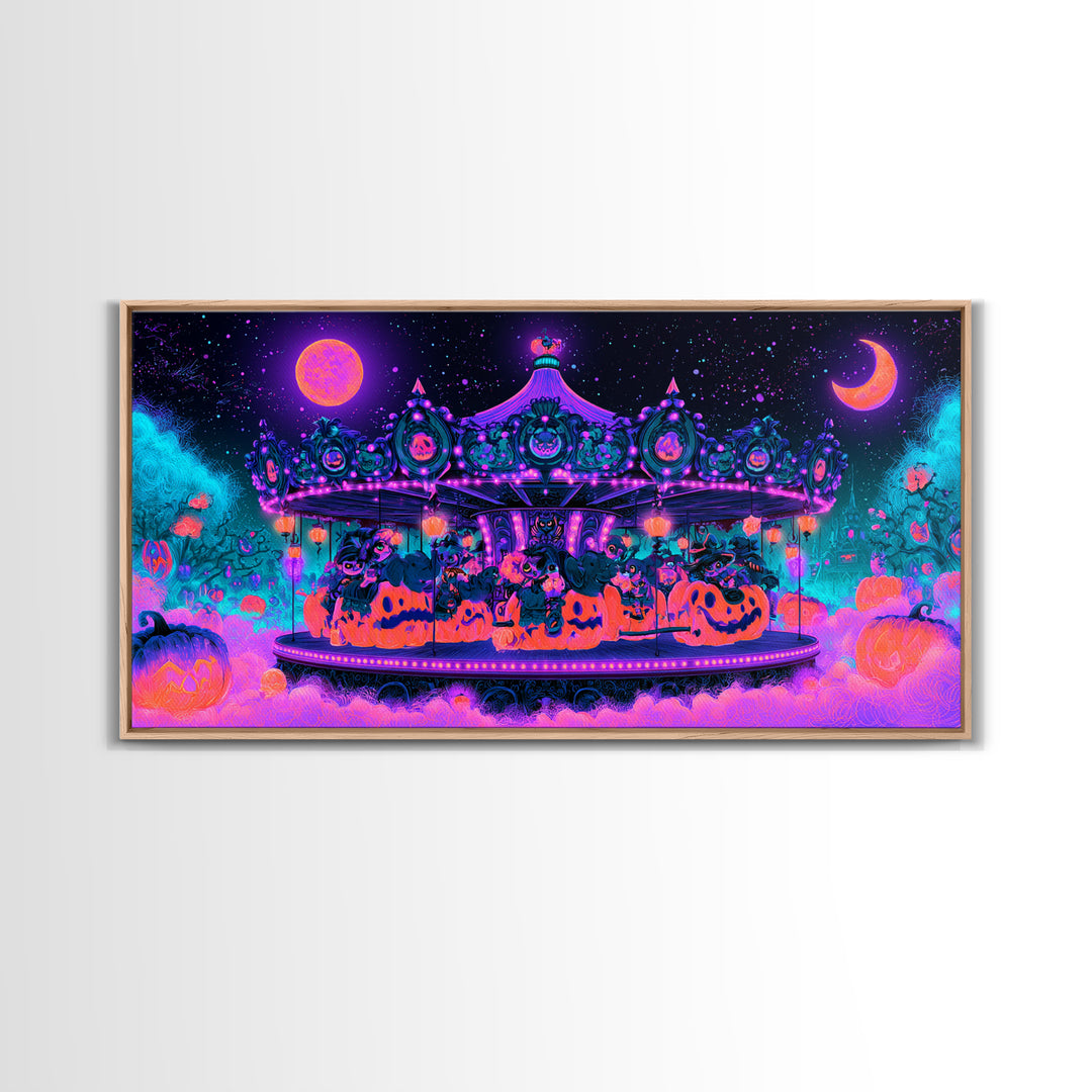 The Pumpkin Carousel, Synthwave Halloween Art, Wide Panoramic Art, Canvas Print, Retro Halloween Decor, Neon Wall Art, Statement Wall Art