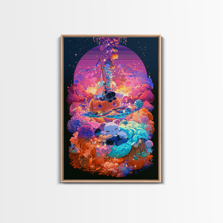 The Pumpkin Sailboat, Vaporwave Halloween Decor, Vertical Wall Art, Framed Canvas Print, Retro Halloween Decor, Neon Wall Art