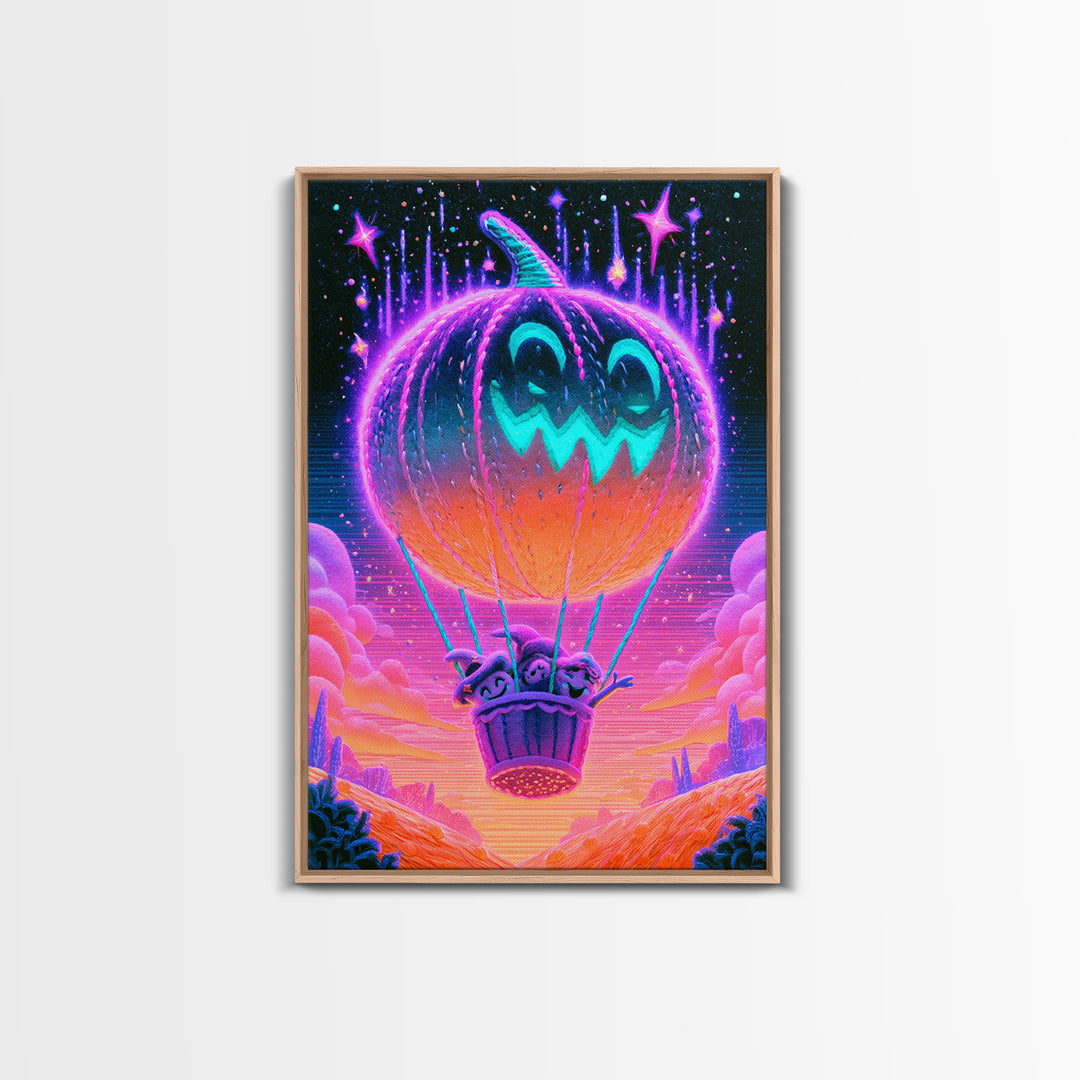 The Pumpkin Hot-Air Balloon, Cute Spooky Neon Art, Vertical Wall Art, Framed Canvas Print, Retro Halloween Decor, Neon Wall Art