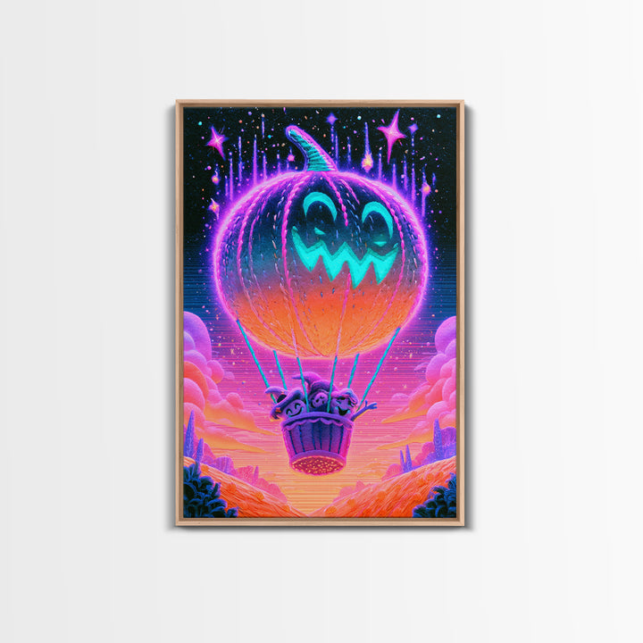 The Pumpkin Hot-Air Balloon, Cute Spooky Neon Art, Vertical Wall Art, Framed Canvas Print, Retro Halloween Decor, Neon Wall Art