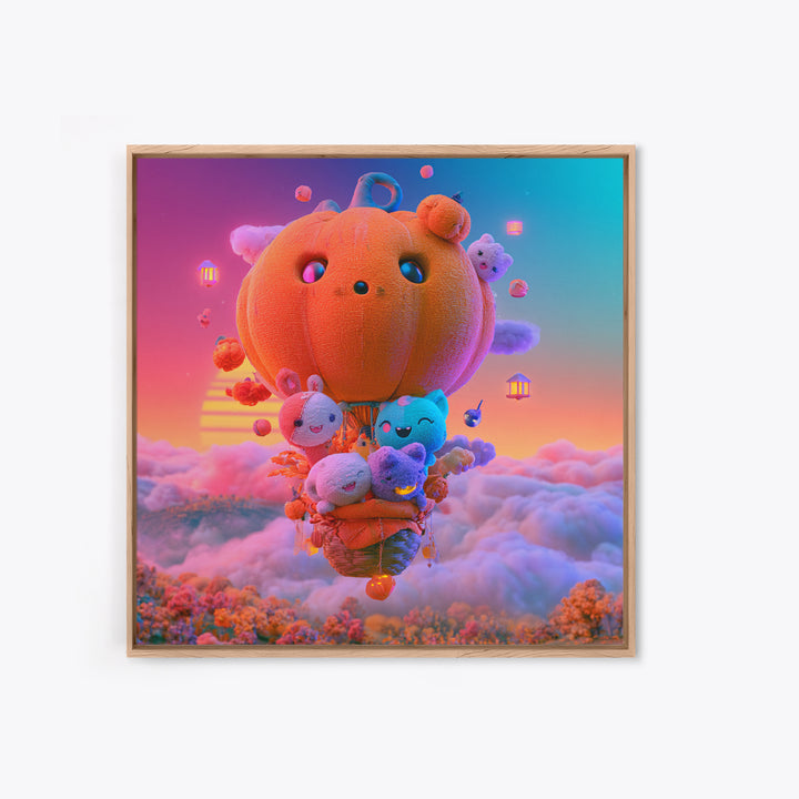 The Pumpkin Hot-Air Balloon, Cute Spooky Neon Art, Square Wall Art, Canvas Print, Retro Halloween Decor, Neon Wall Art, Dark Fantasy Art
