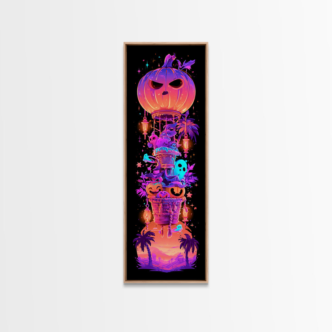The Pumpkin Hot-Air Balloon, Synthwave Halloween Art, Tall Narrow Wall Art, Framed Canvas Print, Retro Halloween Decor, Neon Wall Art