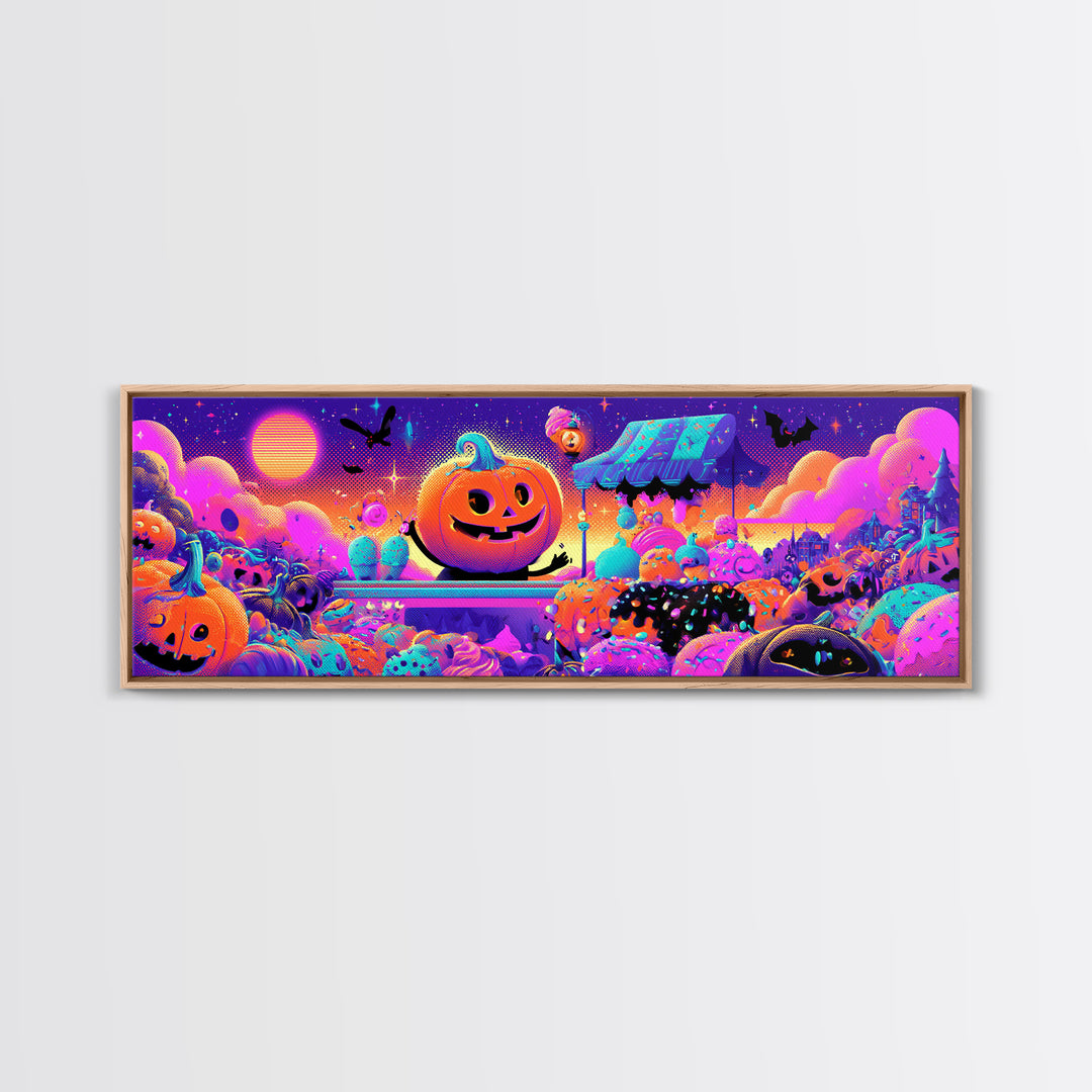 The Pumpkin Ice-Cream Stand, Retro Neon Halloween Art, Extra Wide Wall Art, Canvas Print, Retro Halloween Decor, Neon Wall Art