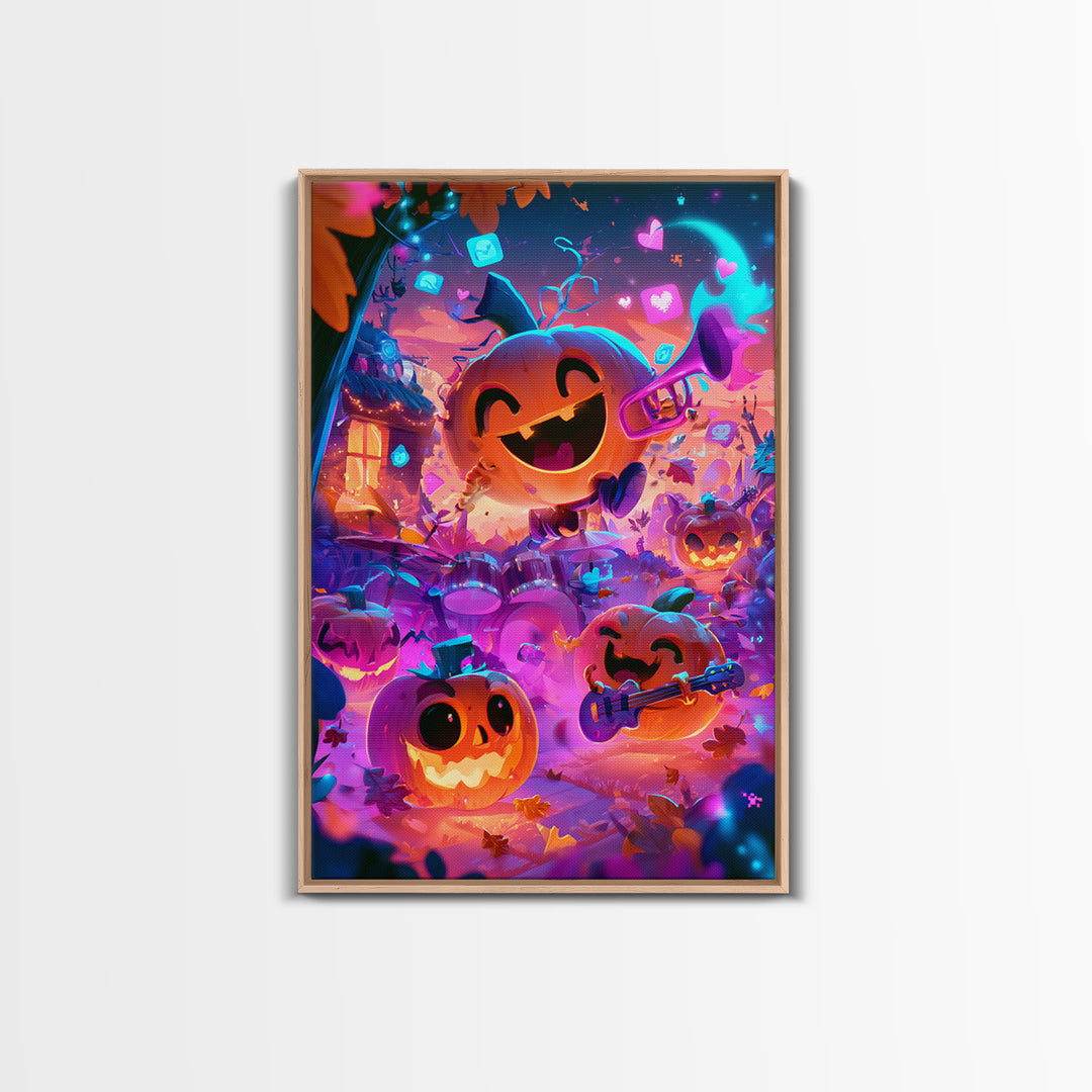 The Pumpkin Music Band, Cute Spooky Neon Art, Vertical Wall Art, Canvas Print, Retro Halloween Decor, Neon Wall Art, Halloween Wall Art