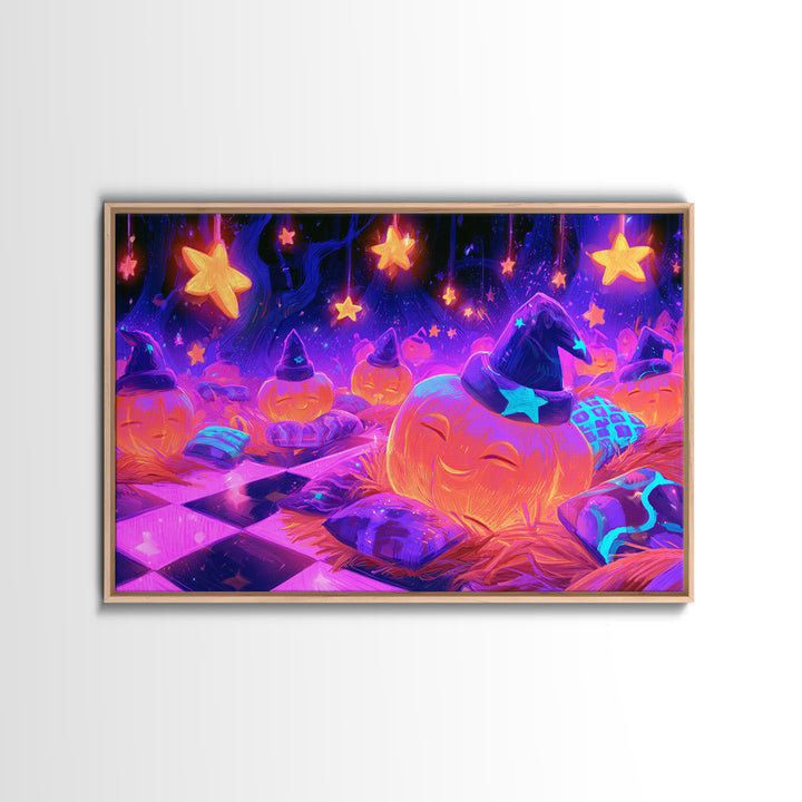 The Pumpkin Pajama Party, 80s Halloween Wall Art, Landscape Wall Art, Framed Canvas Print, Retro Halloween Decor, Neon Wall Art