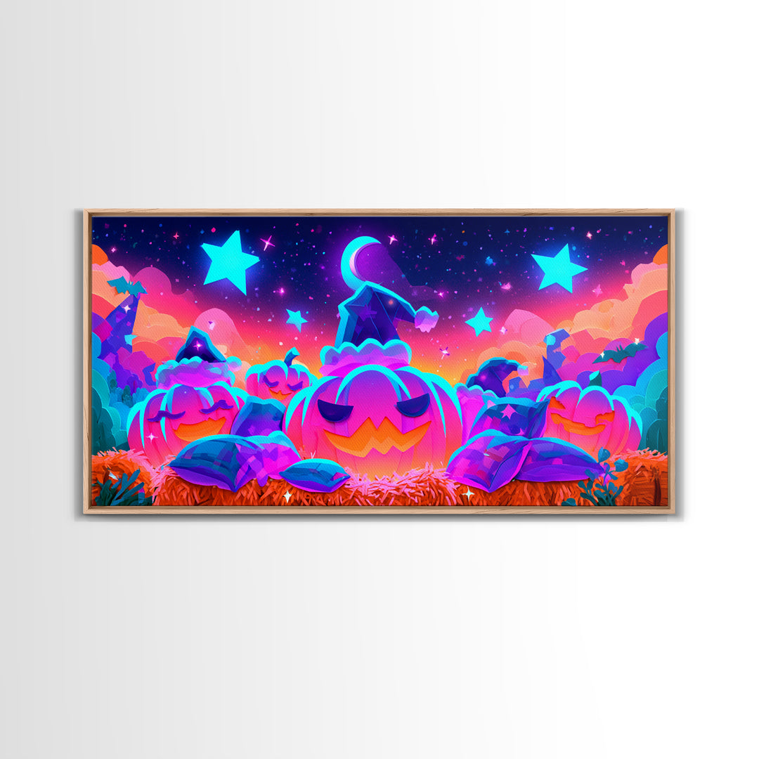 The Pumpkin Pajama Party, Synthwave Halloween Art, Wide Panoramic Art, Framed Canvas Print, Retro Halloween Decor, Neon Wall Art