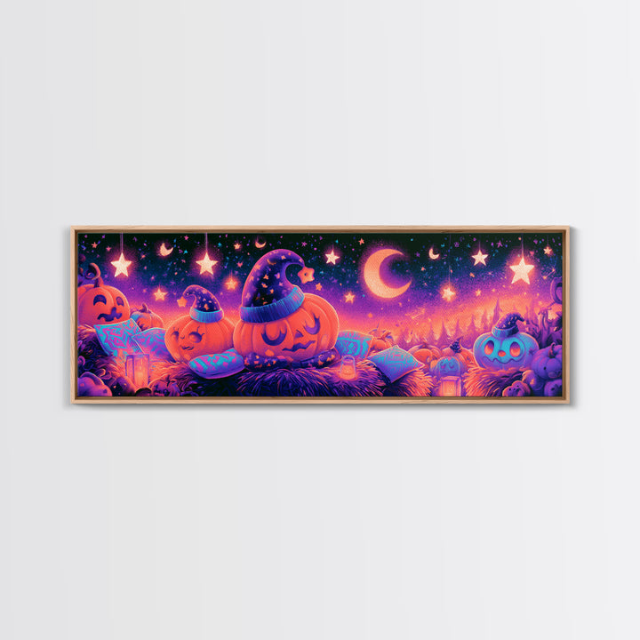 The Pumpkin Pajama Party, Synthwave Halloween Art, Extra Wide Wall Art, Framed Canvas Print, Retro Halloween Decor, Neon Wall Art