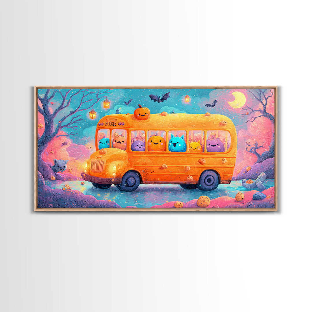 The Pumpkin School Bus, 80s Halloween Wall Art, Wide Panoramic Art, Canvas Print, Retro Halloween Decor, Neon Wall Art, Statement Wall Art