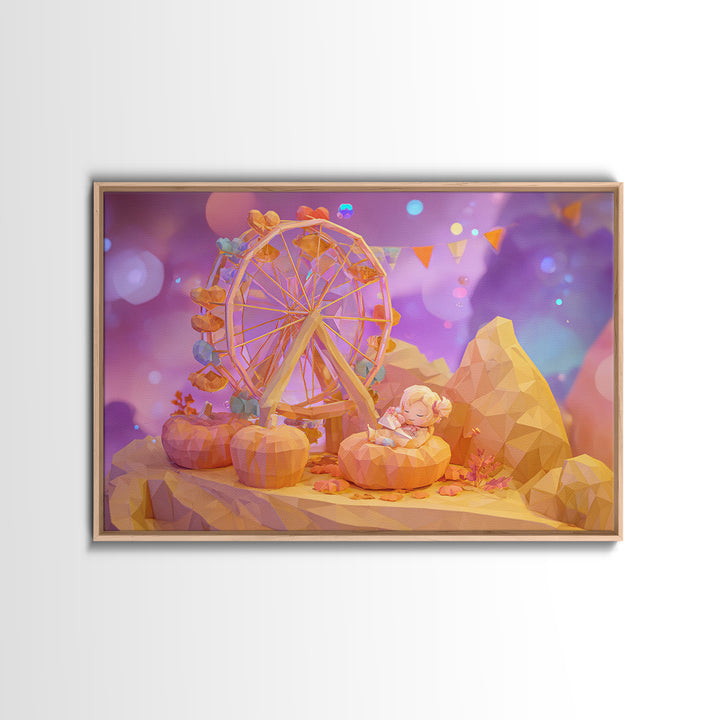 The Pumpkin Ferris Wheel, 80s Halloween Wall Art, Landscape Wall Art, Canvas Print, Retro Halloween Decor, Neon Wall Art, Dark Fantasy Art