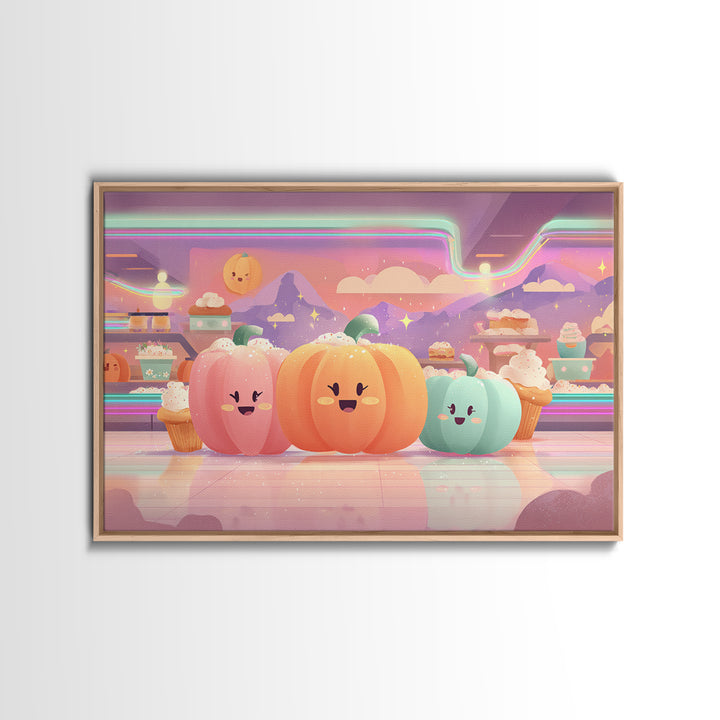 The Pumpkin Bakery, Vaporwave Halloween Decor, Landscape Wall Art, Framed Canvas Print, Retro Halloween Decor, Neon Wall Art