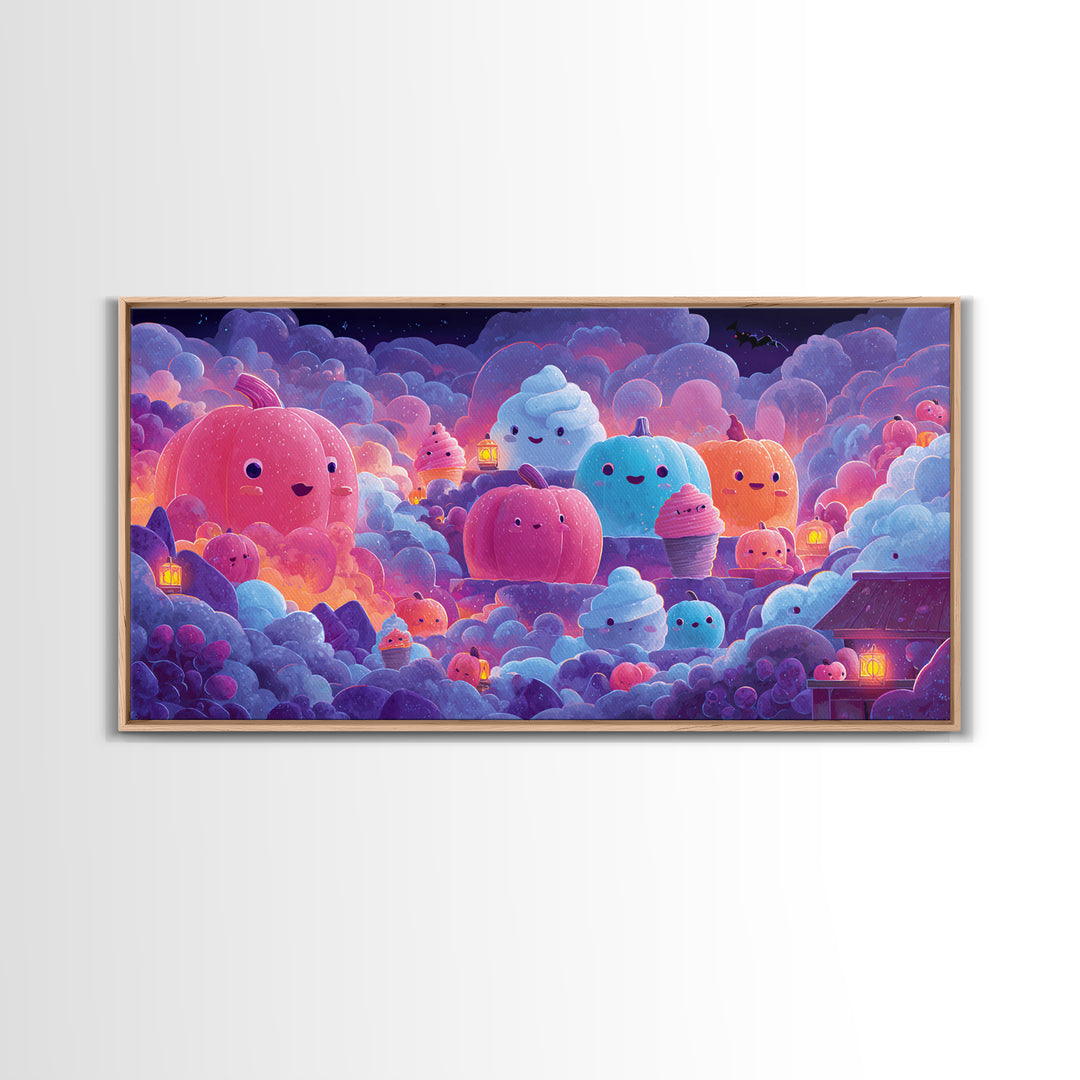 The Pumpkin Bakery, 80s Halloween Wall Art, Wide Panoramic Art, Canvas Print, Retro Halloween Decor, Neon Wall Art, Collectible Wall Decor