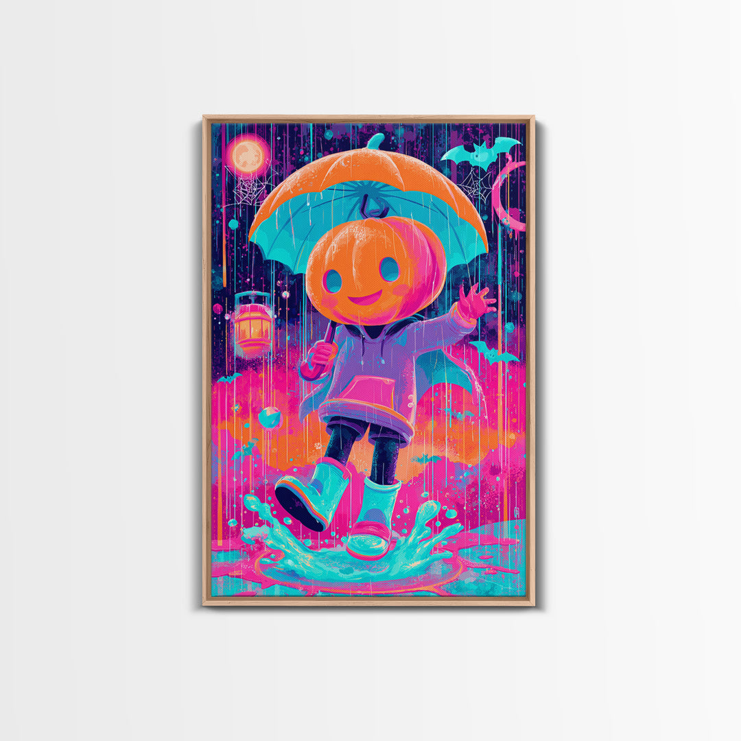 The Pumpkin Umbrella, Cute Spooky Neon Art, Vertical Wall Art, Canvas Print, Retro Halloween Decor, Neon Wall Art, Spooky Wall Decor