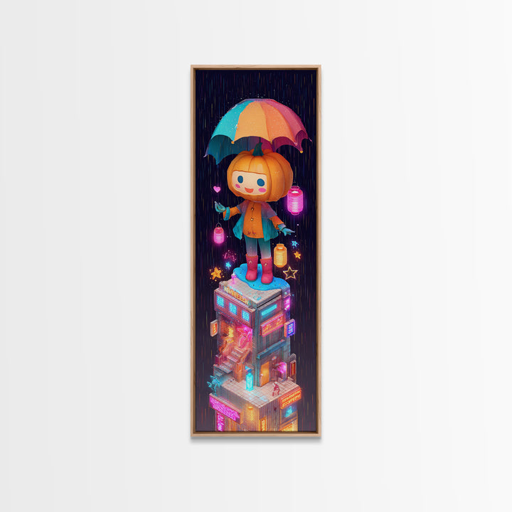 The Pumpkin Umbrella, Vaporwave Halloween Decor, Tall Narrow Wall Art, Framed Canvas Print, Retro Halloween Decor, Neon Wall Art