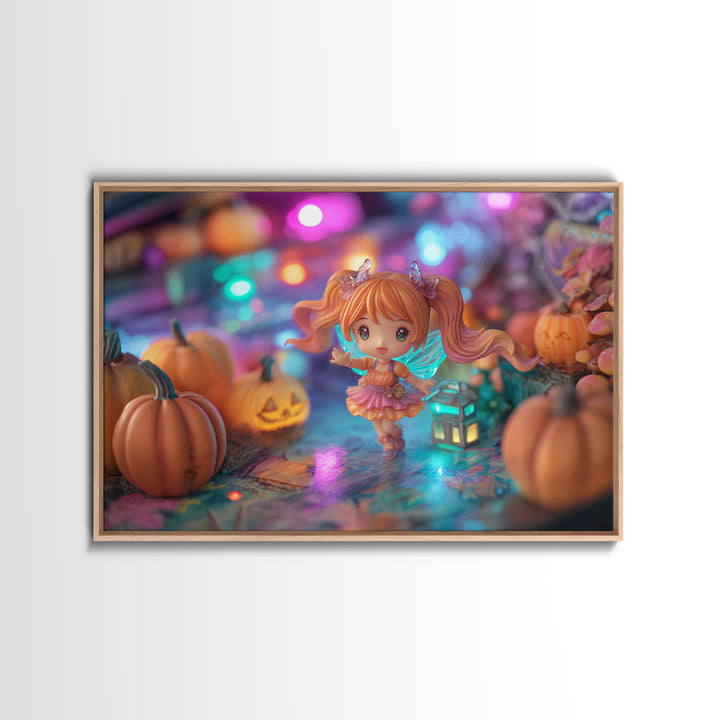 The Pumpkin Fairy Garden, Retro Neon Halloween Art, Landscape Wall Art, Canvas Print, Retro Halloween Decor, Neon Wall Art