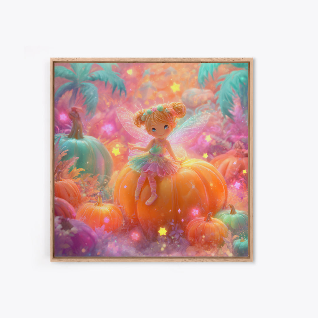 The Pumpkin Fairy Garden, Cute Spooky Neon Art, Square Wall Art, Framed Canvas Print, Retro Halloween Decor, Neon Wall Art