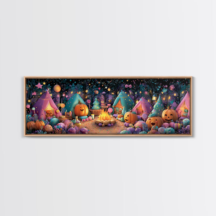 The Pumpkin Campout, Vaporwave Halloween Decor, Extra Wide Wall Art, Canvas Print, Retro Halloween Decor, Neon Wall Art, Statement Wall Art