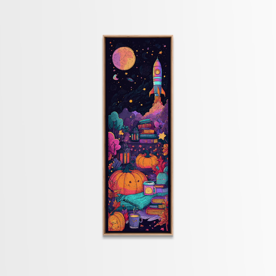 The Pumpkin Rocket Ship, 80s Halloween Wall Art, Tall Narrow Wall Art, Framed Canvas Print, Retro Halloween Decor, Neon Wall Art