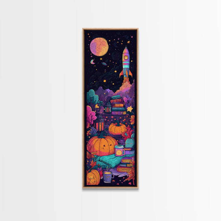 The Pumpkin Rocket Ship, 80s Halloween Wall Art, Tall Narrow Wall Art, Framed Canvas Print, Retro Halloween Decor, Neon Wall Art