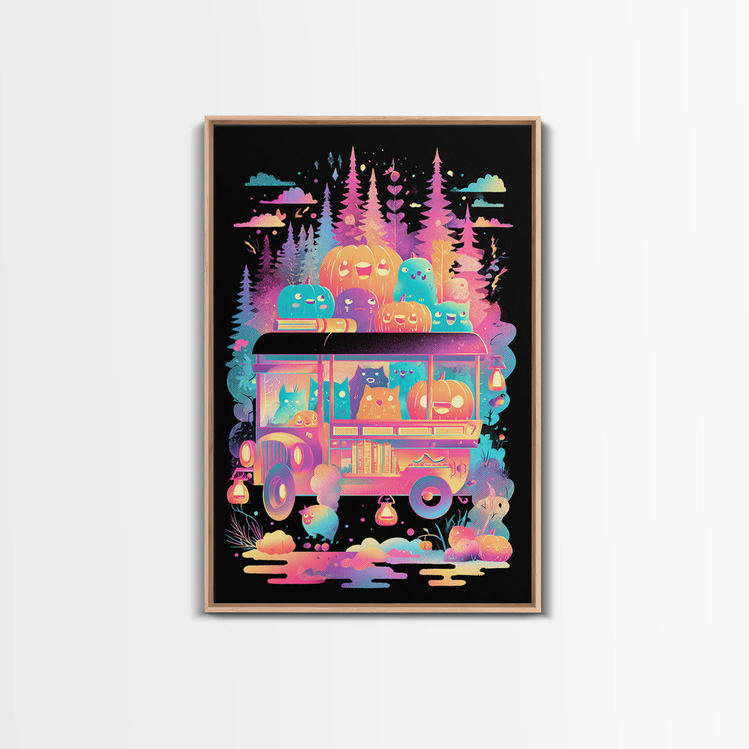 The Pumpkin Bookmobile, Synthwave Halloween Art, Vertical Wall Art, Framed Canvas Print, Retro Halloween Decor, Neon Wall Art