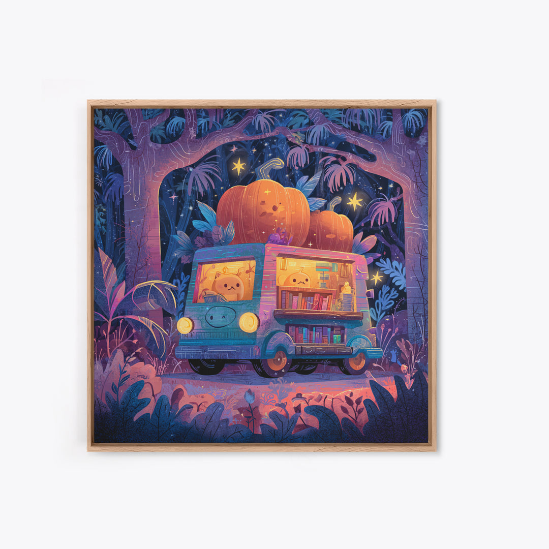 The Pumpkin Bookmobile, Synthwave Halloween Art, Square Wall Art, Framed Canvas Print, Retro Halloween Decor, Neon Wall Art