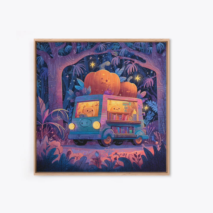 The Pumpkin Bookmobile, Synthwave Halloween Art, Square Wall Art, Framed Canvas Print, Retro Halloween Decor, Neon Wall Art