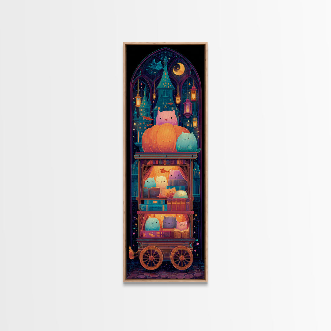 The Pumpkin Bookmobile, Retro Neon Halloween Art, Tall Narrow Wall Art, Canvas Print, Retro Halloween Decor, Neon Wall Art, Dark Fantasy Art