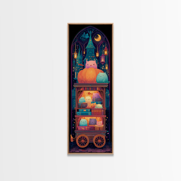 The Pumpkin Bookmobile, Retro Neon Halloween Art, Tall Narrow Wall Art, Canvas Print, Retro Halloween Decor, Neon Wall Art, Dark Fantasy Art