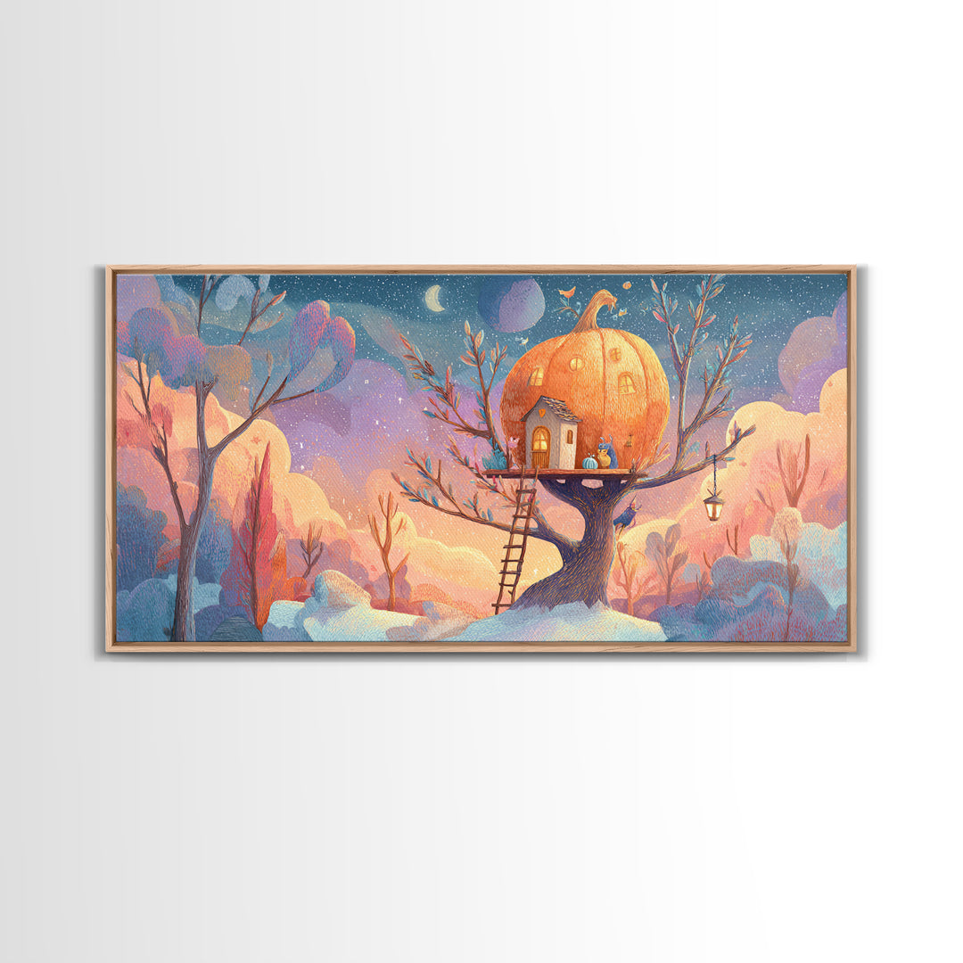 The Pumpkin Treehouse, Cute Spooky Neon Art, Wide Panoramic Art, Framed Canvas Print, Retro Halloween Decor, Neon Wall Art