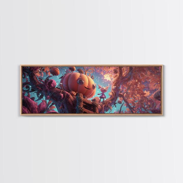 The Pumpkin Treehouse, Vaporwave Halloween Decor, Extra Wide Wall Art, Canvas Print, Retro Halloween Decor, Neon Wall Art