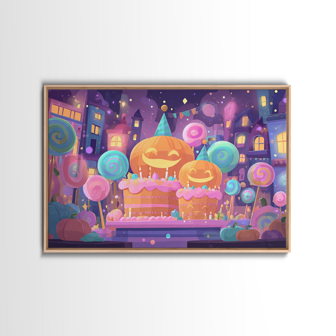 The Great Pumpkin Birthday Party, Cute Spooky Neon Art, Landscape Wall Art, Canvas Print, Retro Halloween Decor, Neon Wall Art