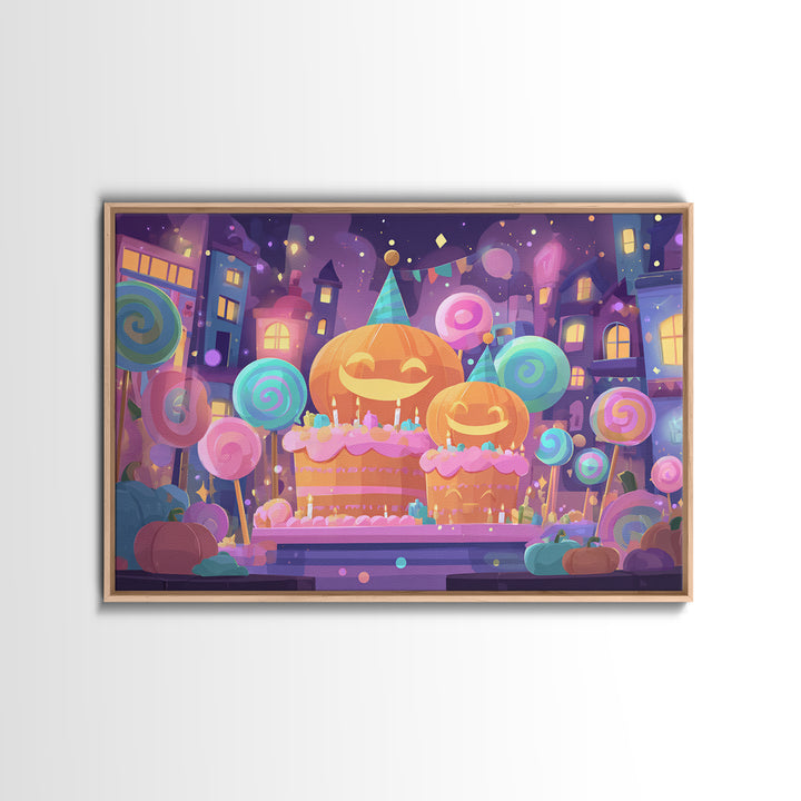 The Great Pumpkin Birthday Party, Cute Spooky Neon Art, Landscape Wall Art, Canvas Print, Retro Halloween Decor, Neon Wall Art