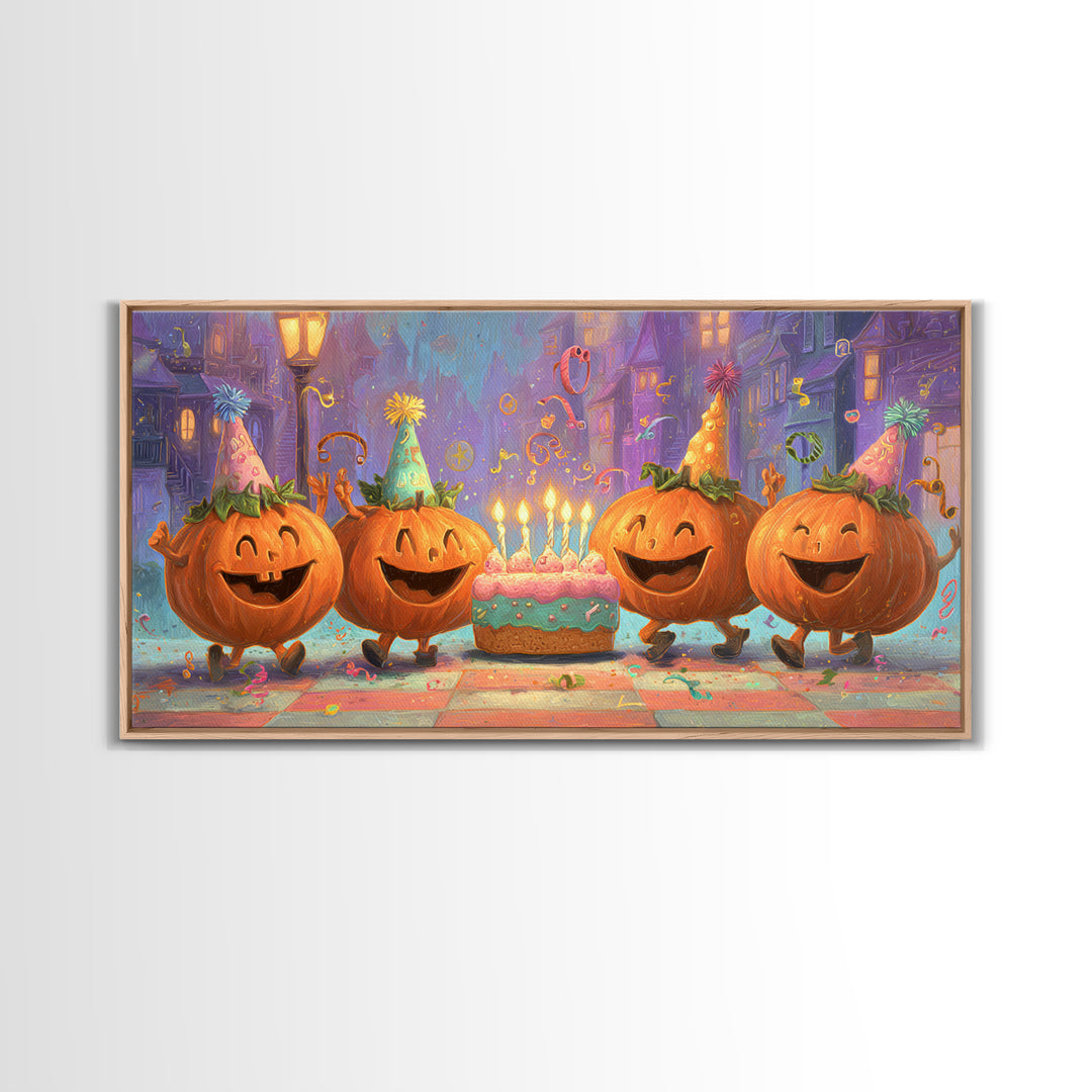 The Great Pumpkin Birthday Party, 80s Halloween Wall Art, Wide Panoramic Art, Framed Canvas Print, Retro Halloween Decor, Neon Wall Art