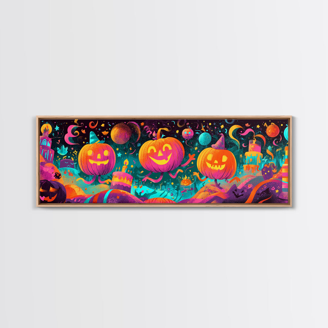 The Great Pumpkin Birthday Party, 80s Halloween Wall Art, Extra Wide Wall Art, Canvas Print, Retro Halloween Decor, Neon Wall Art