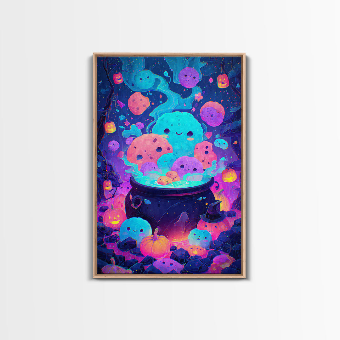 The Cookie Cauldron, Synthwave Halloween Art, Vertical Wall Art, Framed Canvas Print, Retro Halloween Decor, Neon Wall Art, Horror Wall Art