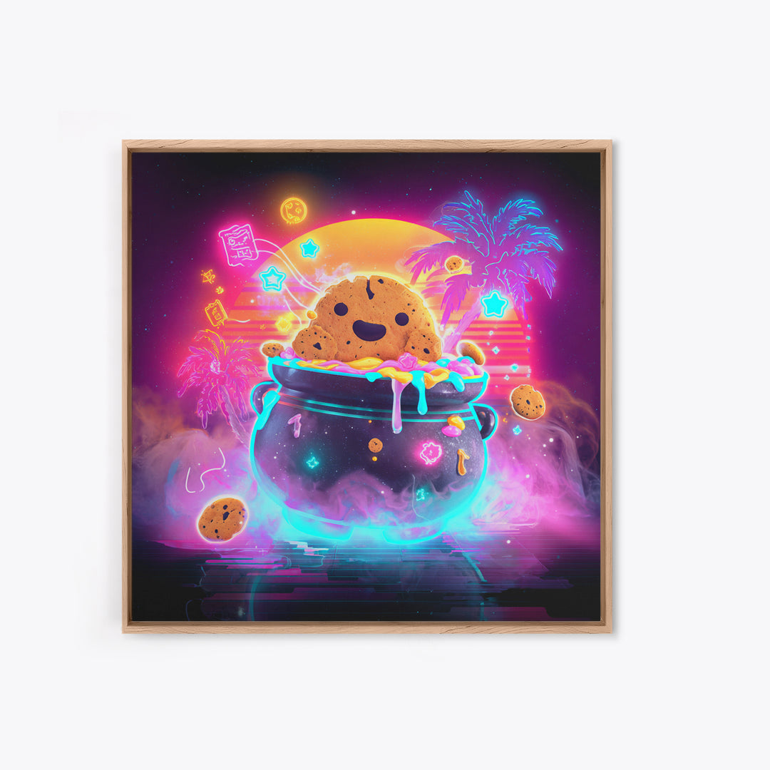 The Cookie Cauldron, Vaporwave Halloween Decor, Square Wall Art, Framed Canvas Print, Retro Halloween Decor, Neon Wall Art