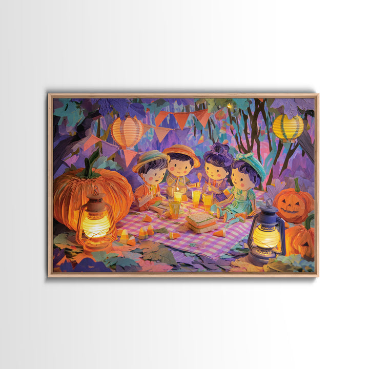 The Candy Corn Picnic, Cute Spooky Neon Art, Landscape Wall Art, Canvas Print, Retro Halloween Decor, Neon Wall Art, Collectible Wall Decor