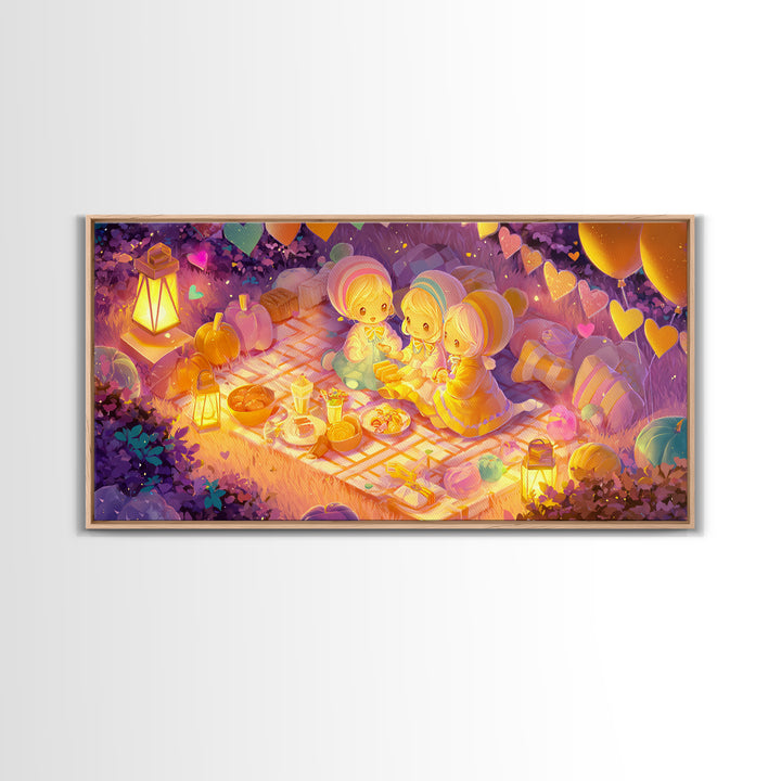 The Candy Corn Picnic, Synthwave Halloween Art, Wide Panoramic Art, Framed Canvas Print, Retro Halloween Decor, Neon Wall Art