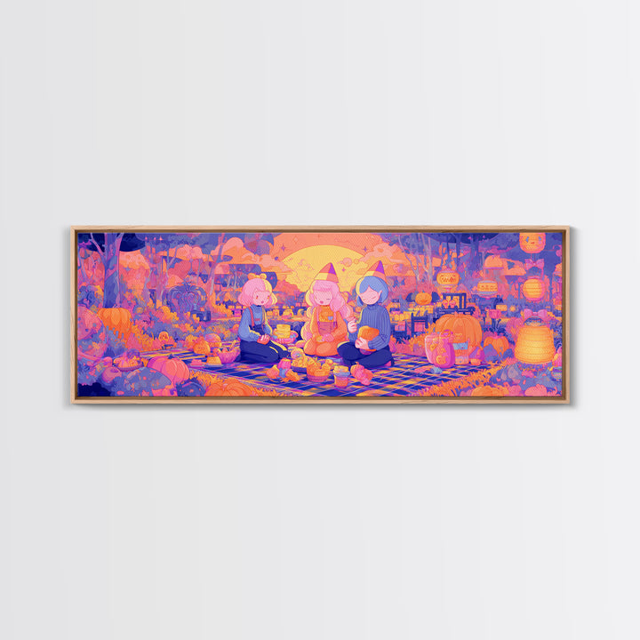 The Candy Corn Picnic, Cute Spooky Neon Art, Extra Wide Wall Art, Canvas Print, Retro Halloween Decor, Neon Wall Art, Gothic Home Decor