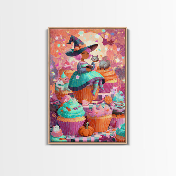 The Cupcake Costume Contest, Cute Spooky Neon Art, Vertical Wall Art, Canvas Print, Retro Halloween Decor, Neon Wall Art, Halloween Wall Art