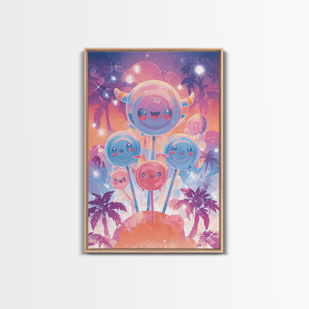 The Friendly Lollipop Monsters, Synthwave Halloween Art, Vertical Wall Art, Canvas Print, Retro Halloween Decor, Neon Wall Art