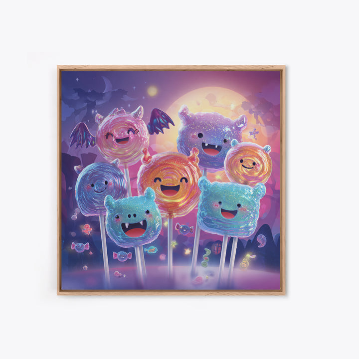 The Friendly Lollipop Monsters, Retro Neon Halloween Art, Square Wall Art, Framed Canvas Print, Retro Halloween Decor, Neon Wall Art