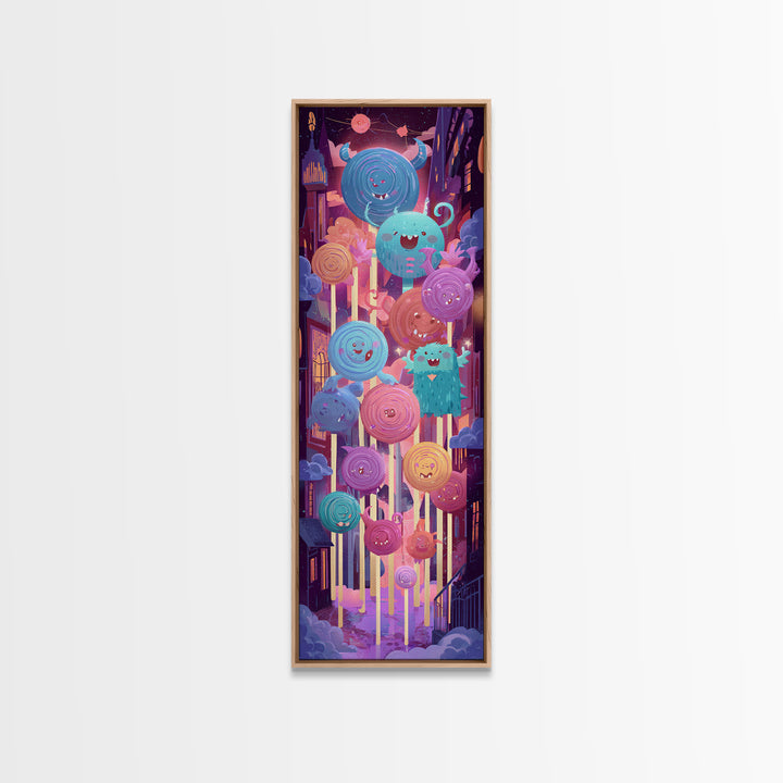 The Friendly Lollipop Monsters, Cute Spooky Neon Art, Tall Narrow Wall Art, Framed Canvas Print, Retro Halloween Decor, Neon Wall Art