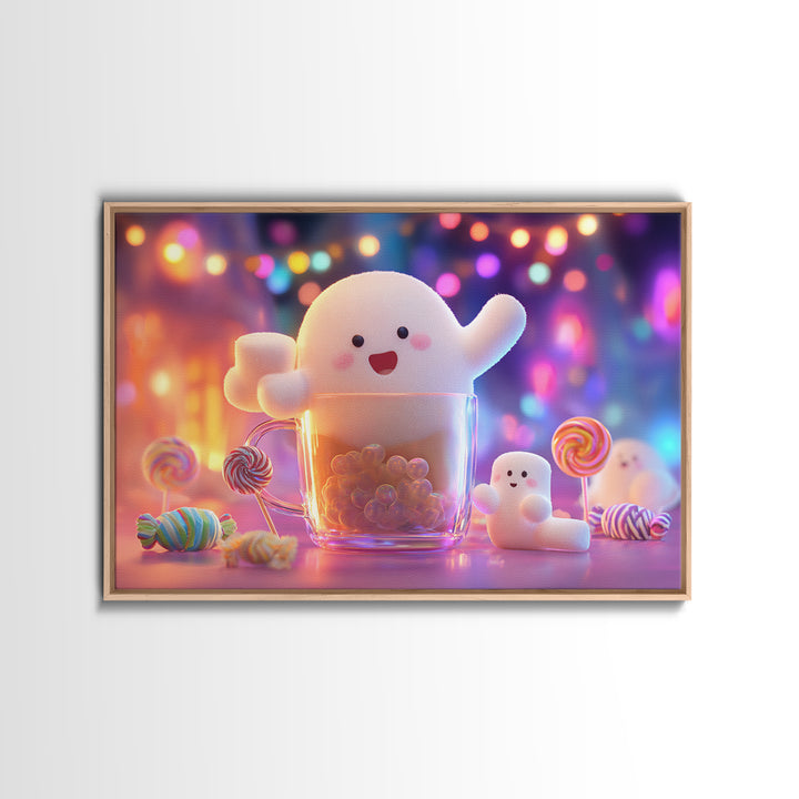 The Marshmallow Ghost Choir, Synthwave Halloween Art, Landscape Wall Art, Canvas Print, Retro Halloween Decor, Neon Wall Art