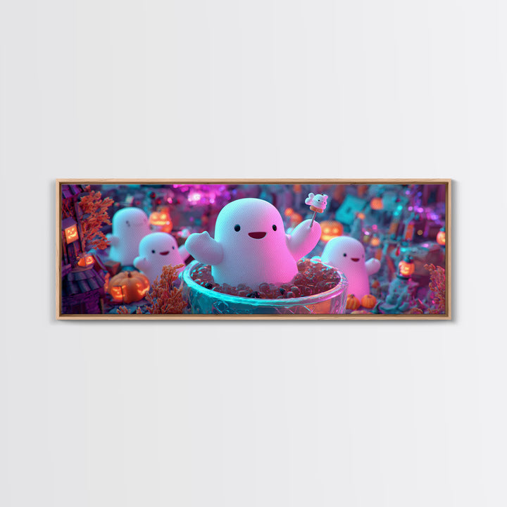 The Marshmallow Ghost Choir, Synthwave Halloween Art, Extra Wide Wall Art, Framed Canvas Print, Retro Halloween Decor, Neon Wall Art