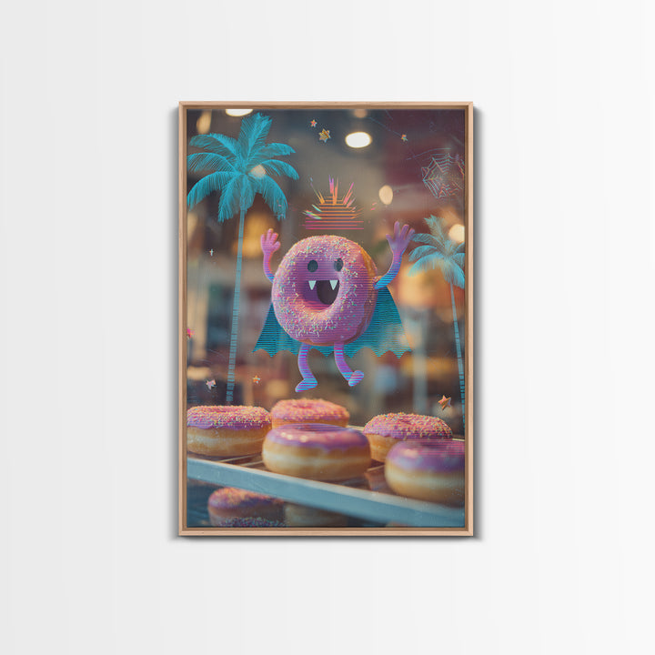 The Donut Vampire Family, Vaporwave Halloween Decor, Vertical Wall Art, Canvas Print, Retro Halloween Decor, Neon Wall Art, Macabre Wall Art