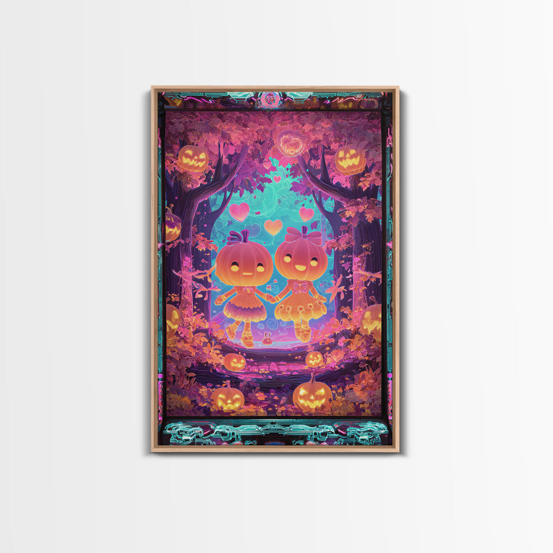 The Caramel Apple Friends, Synthwave Halloween Art, Vertical Wall Art, Framed Canvas Print, Retro Halloween Decor, Neon Wall Art