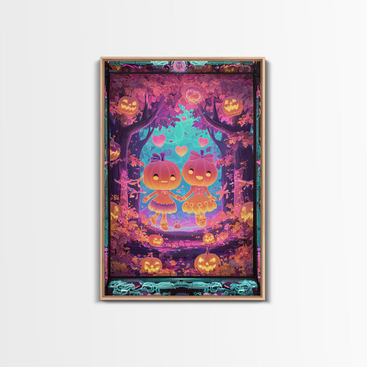 The Caramel Apple Friends, Synthwave Halloween Art, Vertical Wall Art, Framed Canvas Print, Retro Halloween Decor, Neon Wall Art