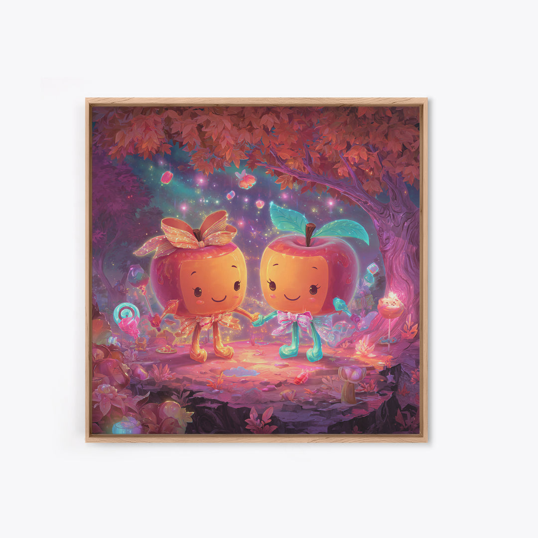 The Caramel Apple Friends, Cute Spooky Neon Art, Square Wall Art, Framed Canvas Print, Retro Halloween Decor, Neon Wall Art